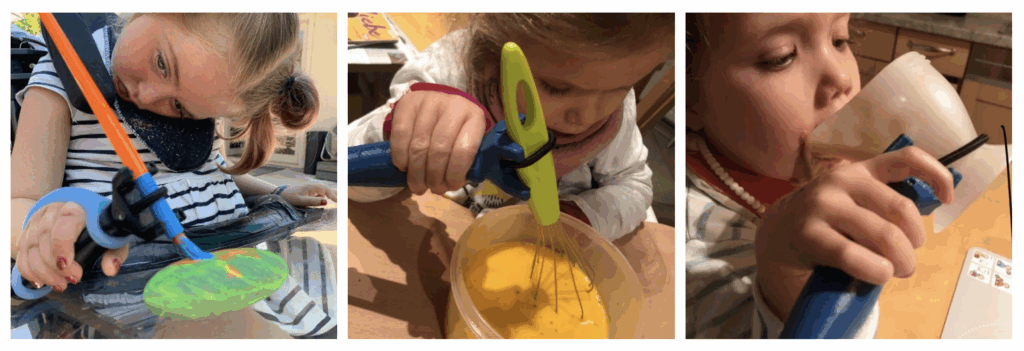3-column collage of images of children using the functionalhand® in activities of daily living like painting, using a whisk to cook, and holding a cup.